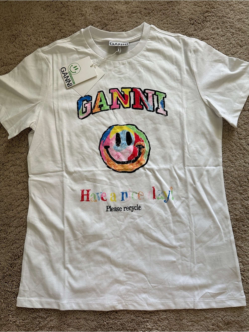 Ganni White Tee with Multicolor Smiley and Logo NEW M